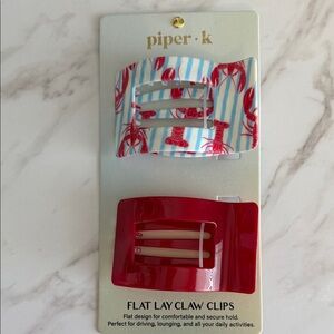 piper•k Red & Nautical Stripe with red lobster  Flat Lay Claw Clips - Set of 2